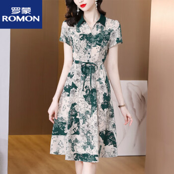 罗蒙（ROMON）今年流行碎花连衣裙夏季新款时尚印花西装领短袖休闲风A字裙图片色-811_有口袋L_建议100-115斤	