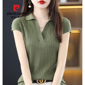 皮尔卡丹（pierrecardin）polo领短袖t恤女夏季宽松短款针织衫新款女士包袖翻领t恤衫叶绿色均码	