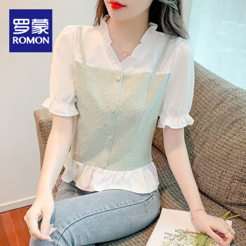 罗蒙（ROMON）短袖衬衫女夏季年新款设计感小众甜美法式V领假两件短款上衣绿色格XL_[建议111-120	
