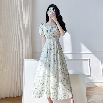 品彩碎花短袖连衣裙女夏气质优雅方领温柔中长裙a字裙P132Q1381	