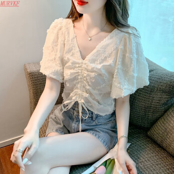 MURVKF轻奢高端夏季新款V领雪纺衫女气质短袖上衣小心机杏色S	